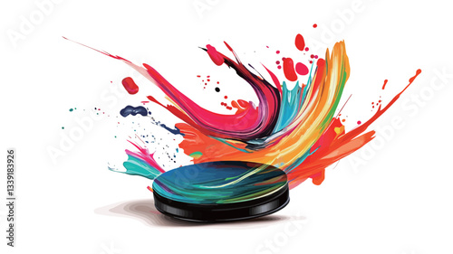 The image showcases a smooth, dark-colored, round stone positioned centrally against a stark white background.  Surrounding the stone is a dynamic explosion of multicolored paint splashes in