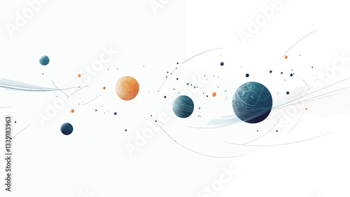 The image is a digital rendering depicting an abstract space scene.  It features several small and medium-sized spherical objects, resembling planets, in shades of blue and orange, dispersed across