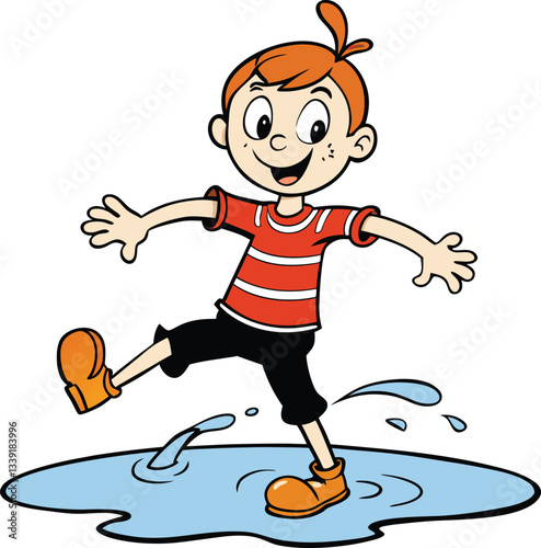 Young boy gleefully splashing in a puddle