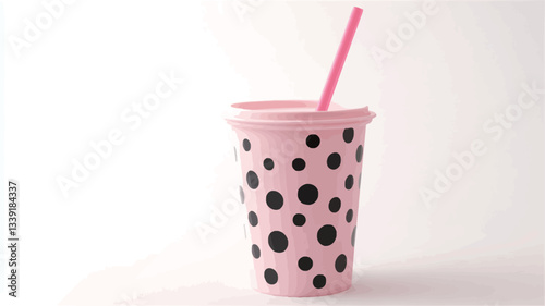 Close-up studio shot of a pink plastic tumbler with a black polka dot pattern. A pink straw is inserted into the tumbler. The background is pure white. The image is brightly lit, with even