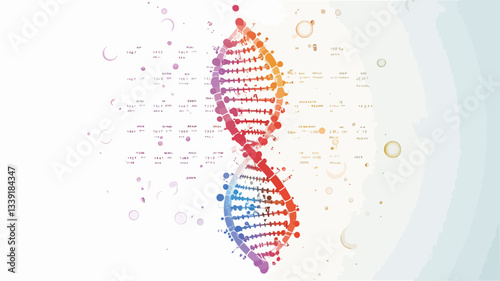 A digitally rendered image depicts a double helix DNA structure. The helix is rendered in a vibrant rainbow color scheme, with a gradient transitioning from cool to warm colors along its length.