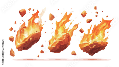 The image shows three digitally rendered illustrations of burning embers or rocks engulfed in flames. Each ember is irregularly shaped and exhibits a mix of dark red and orange hues, indicating