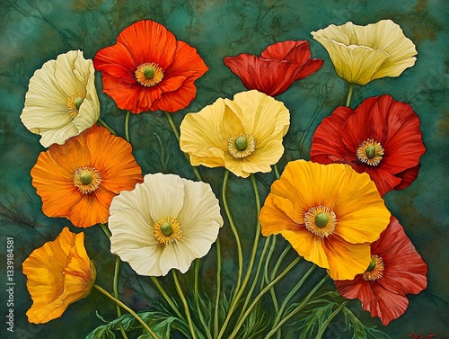 Vibrant Poppies Bloom on Teal Canvas.