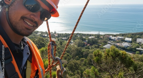Male hispanic young worker in safety gear enjoying coastal view from high elevation