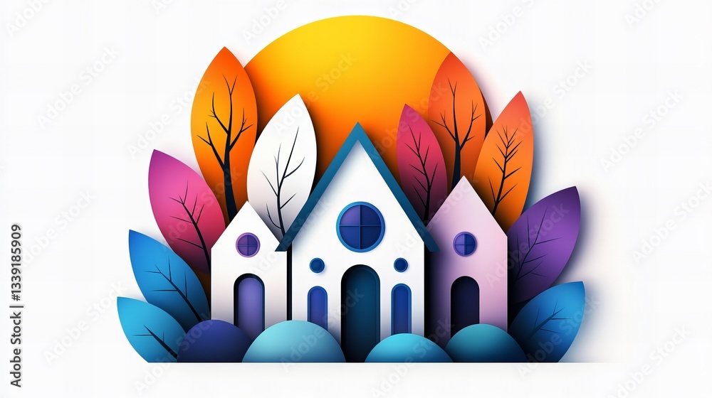 Obraz premium Illustration shows three white houses with blue accents surrounded by colorful leaves and trees against a bright yellow sun, creating a vibrant and ch