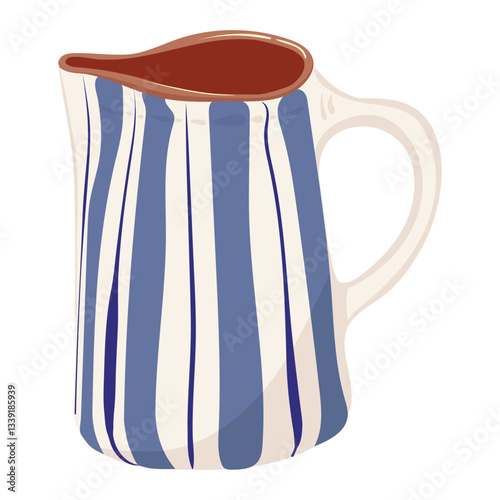 Ceramic jug with blue stripes. Beautiful container for dairy products or flowers. Vector isolated illustration.