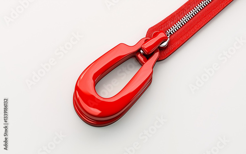 A close-up of a red zipper with a metallic pull tab, illustrating the zipper mechanism against a white background. This image is ideal for fashion and textile industries.