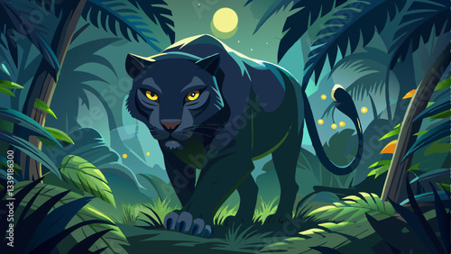 vector of majestic black panther prowling through the dense jungle, its sleek fur blending with the shadows as its piercing yellow eyes glow in the moonlight
