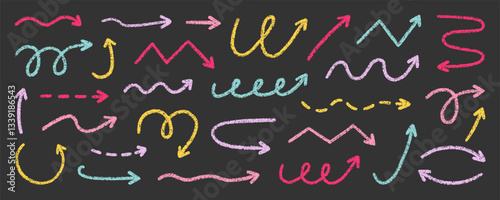 Chalk pencil arrows doodle set. Crayon swirls, direction pointers in sketch style, Grunge texture. Hand drawn vector illustration isolated on black background