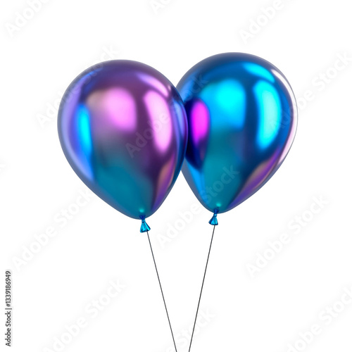 Two blue and purple holographic balloons with a fluid, iridescent design, isolated on a transparent background 