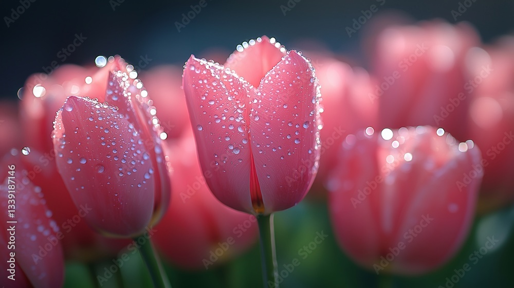 Close-up of pink tulip in tulip field, water droplets glistening on velvety petals. Concept: serenity and beauty in vibrant tulip field, nature's delicacy highlighted. Close-up of pink tulip in tulip field, water droplets glistening on velvety petals. Concept: serenity and beauty in vibrant tulip field, nature's delicacy highlighted.