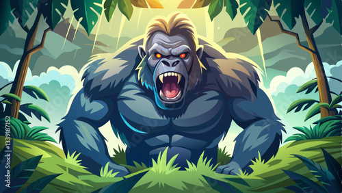 vector of massive gorilla with angry eyes stands in the heart of the rainforest, its muscular body powerful as it pounds its chest with a thunderous roar