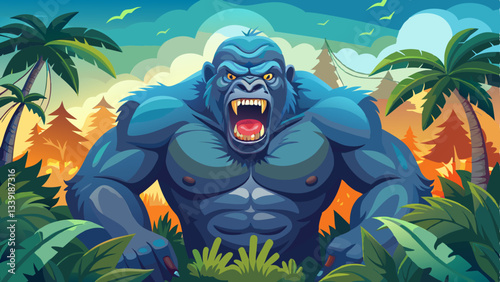 vector of massive gorilla with angry eyes stands in the heart of the rainforest, its muscular body powerful as it pounds its chest with a thunderous roar