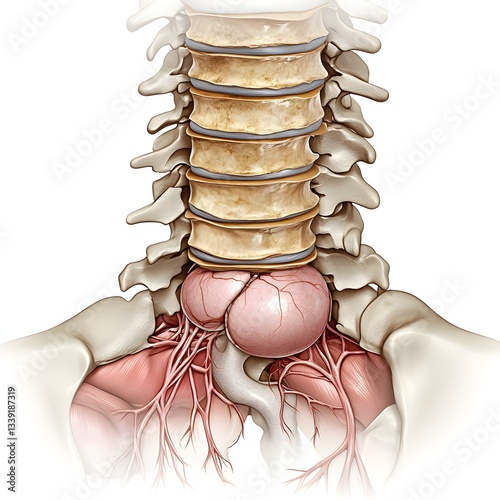 Cross section of protruding spinal disc and surrounding anatomy