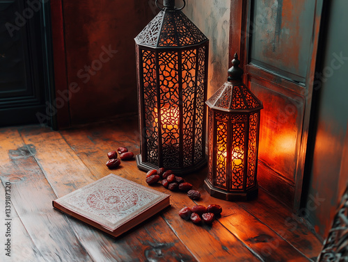 Elegant lanterns with intricate patterns glowing warmly on a wooden floor