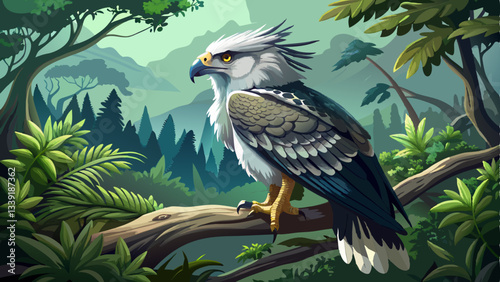 vector of regal harpy eagle perched on an ancient tree branch, its sharp talons gripping the bark as it scans the jungle below with a commanding gaze