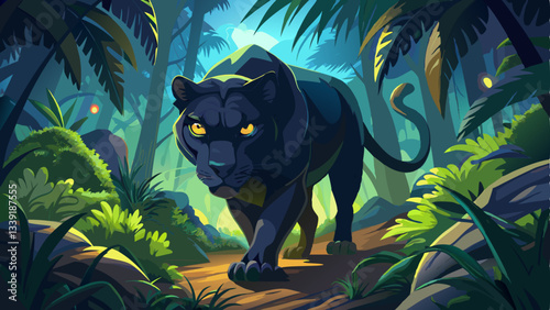 vector of majestic black panther prowling through the dense jungle, its sleek fur blending with the shadows as its piercing yellow eyes glow in the moonlight