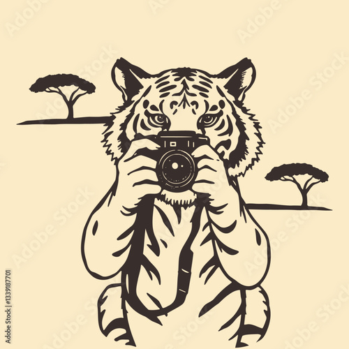 tiger with a camera, wild animal photographer and acacia trees sketch