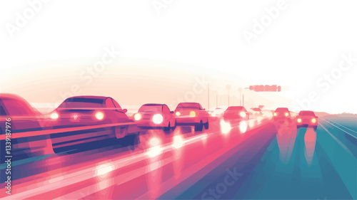 The image depicts a stylized illustration of highway traffic at dusk or sunset. The color palette is dominated by pink, red, and blue hues.  Vehicles are shown in a line, moving towards the viewer,