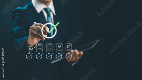 Certification and Quality Assurance Concept ,Businessman Use Pen Tap for Certification Approval Standard or Document Management with Quality Check on Virtual Screen