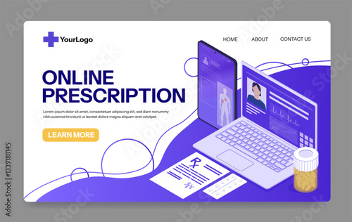 Online prescription service website design with a laptop, smartphone, medical records, and prescription papers on a purple background. Digital healthcare concept. Vector illustration