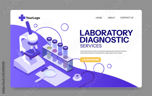 Laboratory diagnostic services web page design with a microscope, test tubes, and medical tools on a white and purple background. Concept of medical research. Vector illustration