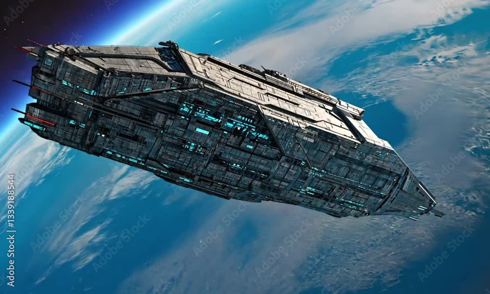 Spaceship traversing earth's orbit against stunning planetary backdrop in outer space.