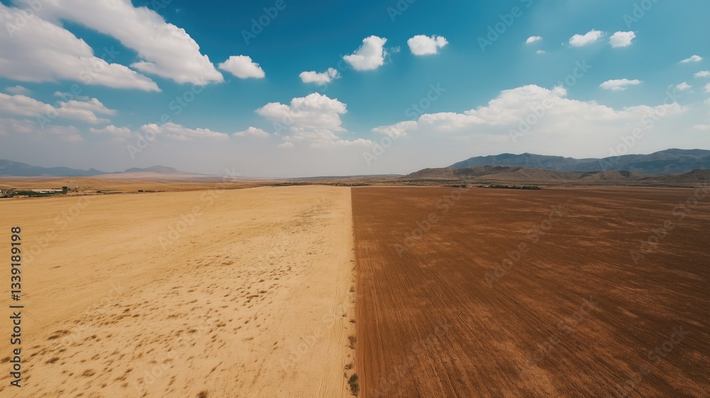 Fototapeta premium Aerial view of vast desert landscape with contrasting sandy areas. Blue sky, white clouds, and distant mountains under sunny weather.
