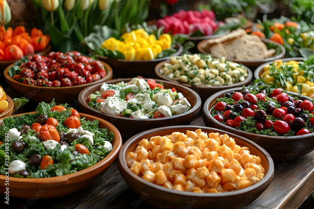 Colorful Salad Bar Display With Variety Of Dishes Colorful Salad Bar Display With Variety Of Dishes