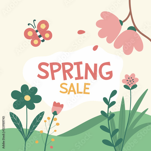 Spring Sale Text with Floral Elements for Seasonal Promotions, Marketing Materials, Social Media Posts, Website Banners and Retail Advertising