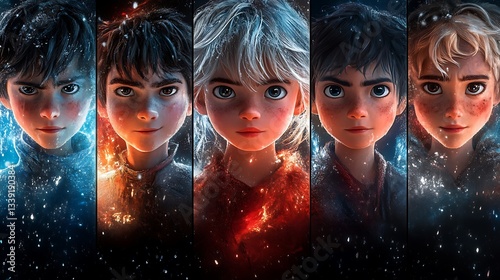 Five stylized animated children's portraits.
