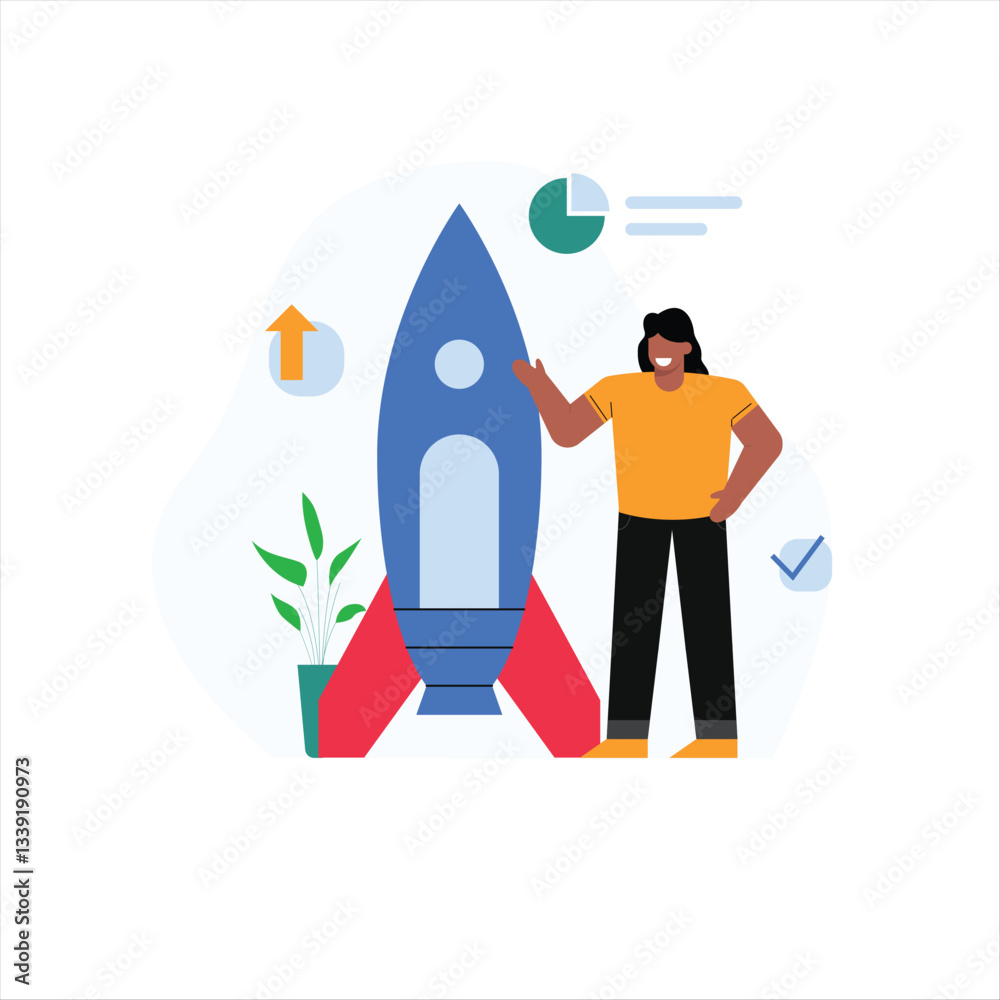 Woman Standing Beside A Rocket Launch Illustration Woman Standing Beside A Rocket Launch Illustration
