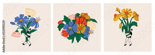 Young boy and girl holding hand drawn color bouquet of blossom flowers. Flat vector illustration for the greeting birthday cards, posters for Mother's, Valentine's, Women's Day.