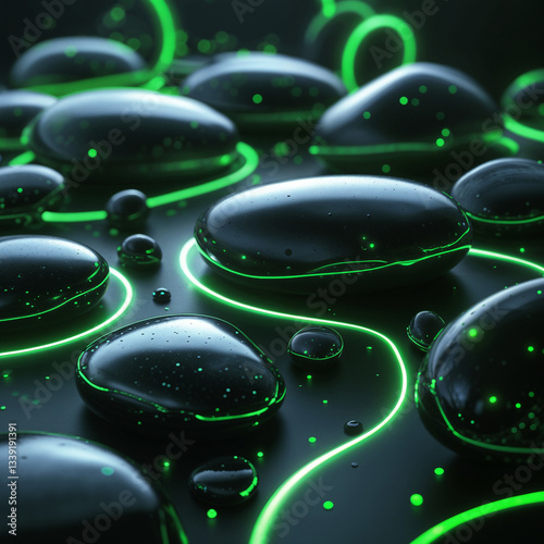 Futuristic Black Stones with Neon Glow, created with generative AI technology	
