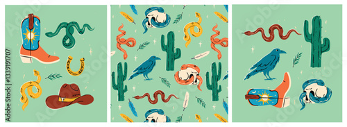Wild West and Cowboy concept. Vector set of the various objects and design elements, boots, cactus, snake, hat, camper in hand drawn colored style