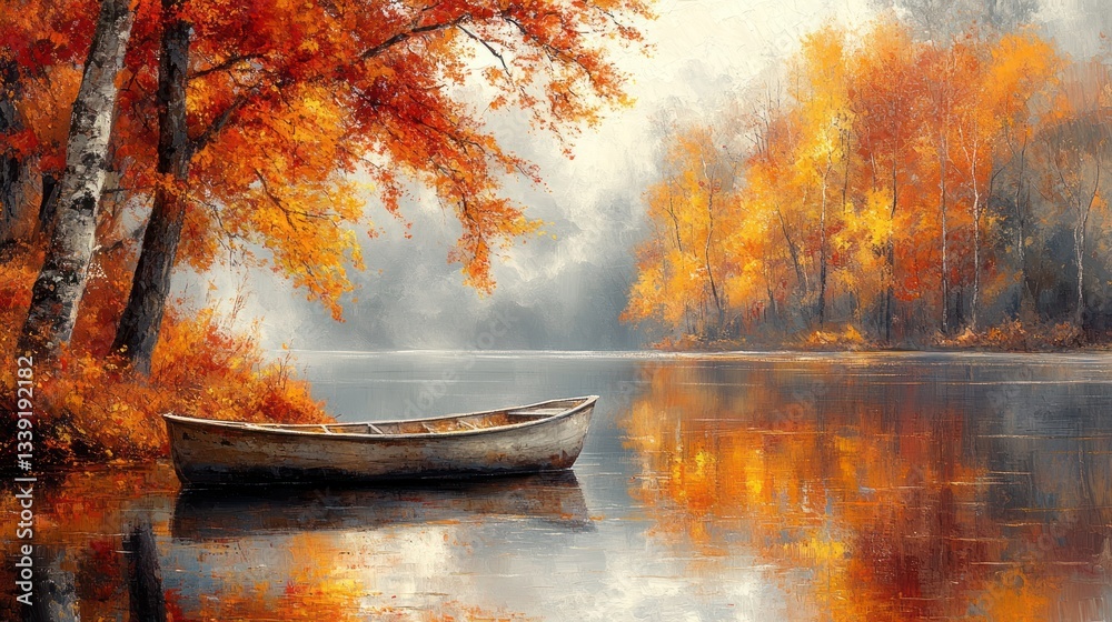 Canoe on misty autumn lake with colorful foliage Canoe on misty autumn lake with colorful foliage