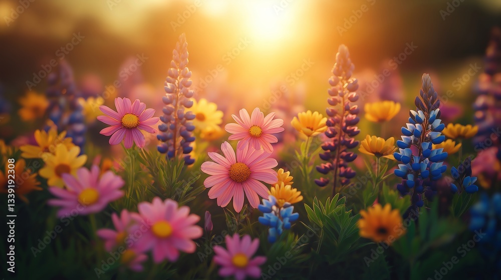 Obraz premium Vibrant wildflower meadow at sunset, illuminated by soft light. Concept: tranquil wildflower meadow exuding serenity and beauty, capturing nature’s essence beautifully.