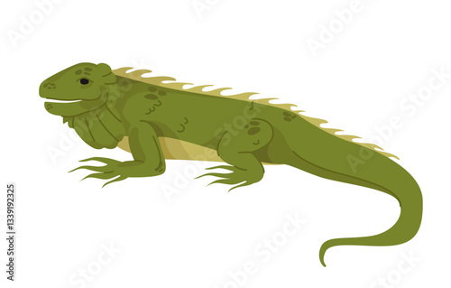A detailed green iguana in a side view, depicted in a flat, cartoon style on a white background. The reptile has textured skin, a long tail, and spiky dorsal scales. Vector illustration