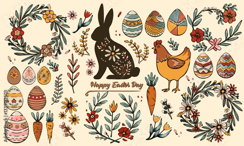 Cartoon set of Easter stickers in abstract 90s retro style. Spring elements, rabbits, eggs, Christian holiday, Easter baskets, flowers. Vector groovy illustration