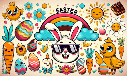 Cartoon set of Easter stickers. Spring elements, rabbit, eggs, chicken, flowers, rainbow, carrots. Shapes of the happy easter day, trendy colorful groovy style