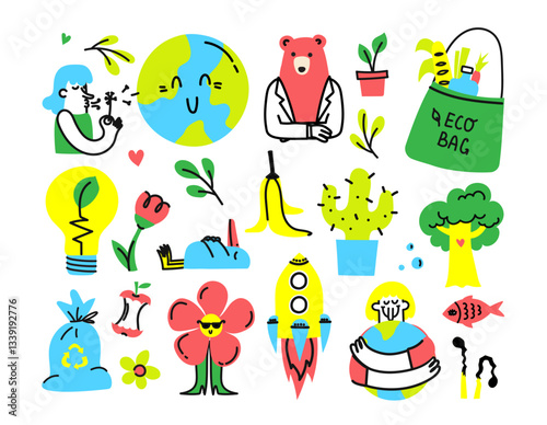 Collection of ecology stickers zero waste, recycle, eco friendly, go green, no plastic concept. Modern isolated vector badges for web and print in doodle hand drawn style