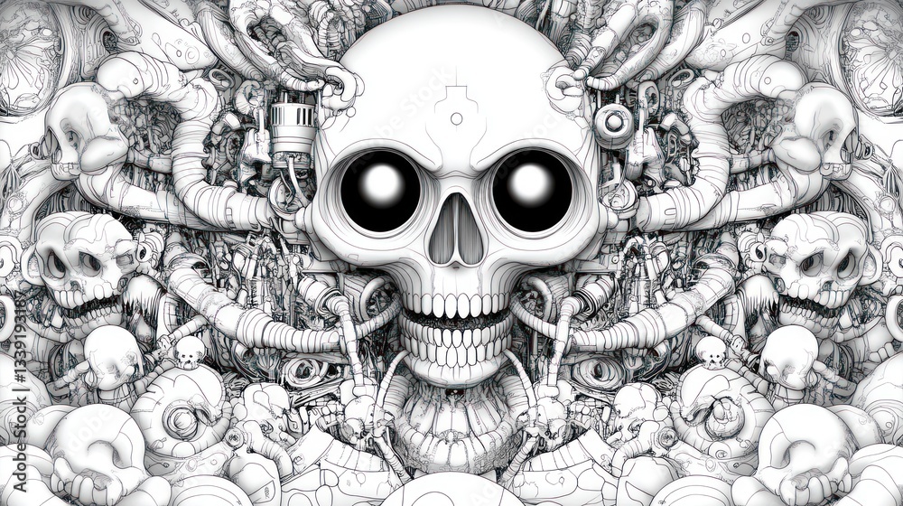 Fototapeta premium Cybernetic Skull: A Mechanical Symphony of Skulls