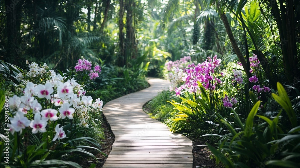 Obraz premium Garden Path with Orchids in Sunlight