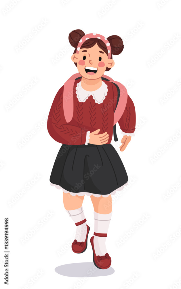 Cheerful young schoolgirl wearing a red sweater, black skirt, and a pink backpack, walking with a joyful expression on a white background. Concept of childhood and education. Vector illustration Cheerful young schoolgirl wearing a red sweater, black skirt, and a pink backpack, walking with a joyful expression on a white background. Concept of childhood and education. Vector illustration