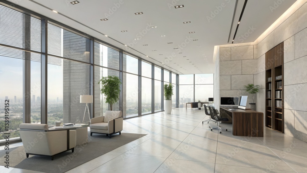 Fototapeta premium Professional Office Interior: Minimalist Furniture, Natural Illumination, and Spatial Balance
