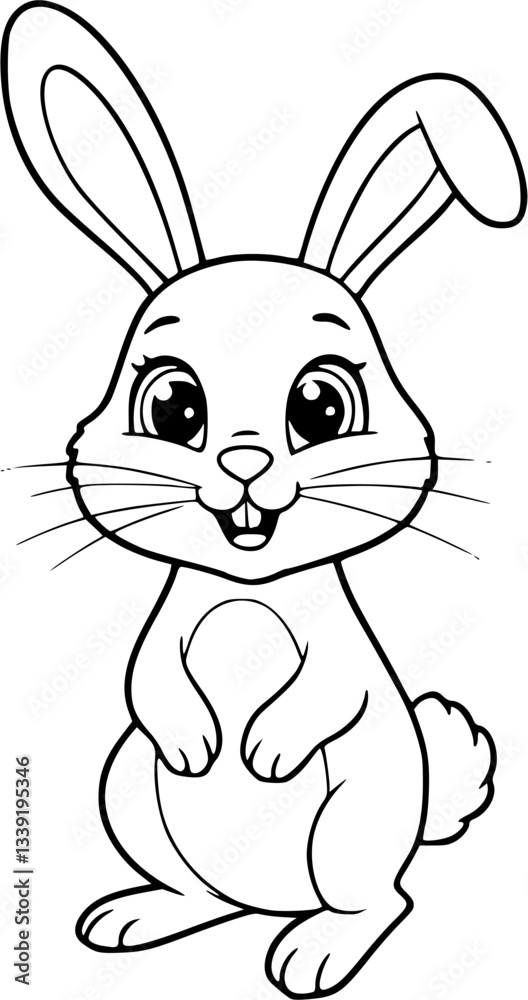 Fototapeta premium Cartoon rabbit, black and white line drawing, cute smiling bunny, large expressive eyes, long upright ears, simple clean design, children's book illustration style, vector graphic, adorable character,