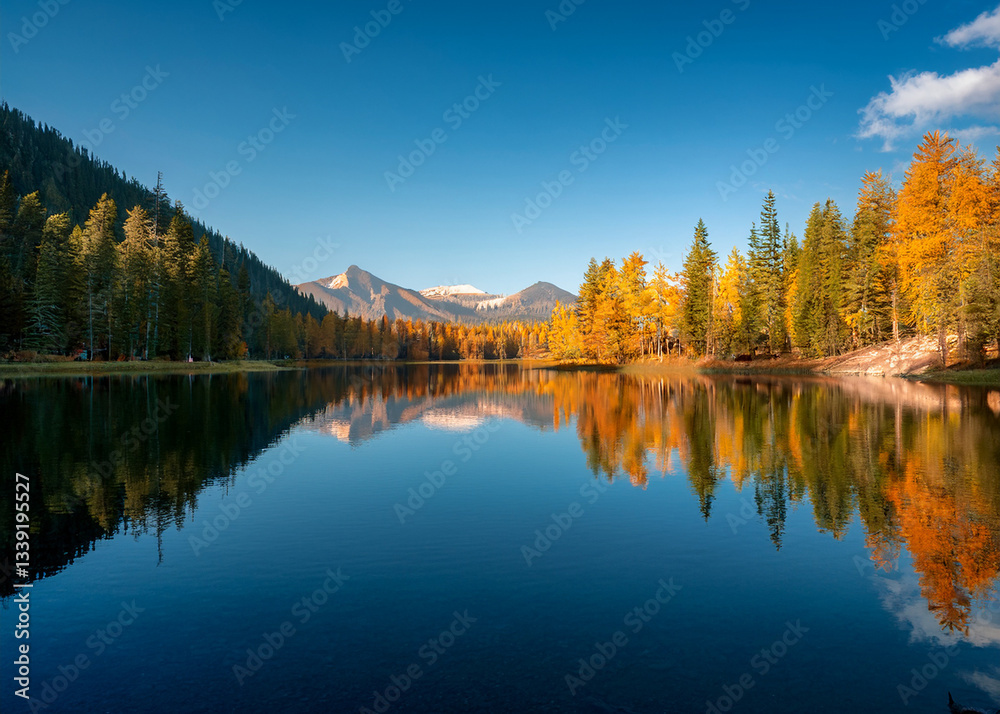 A serene landscape of a mountain lake surrounded by pine forests, with clear blue skies, soft reflections, and autumn colors. A serene landscape of a mountain lake surrounded by pine forests, with clear blue skies, soft reflections, and autumn colors.