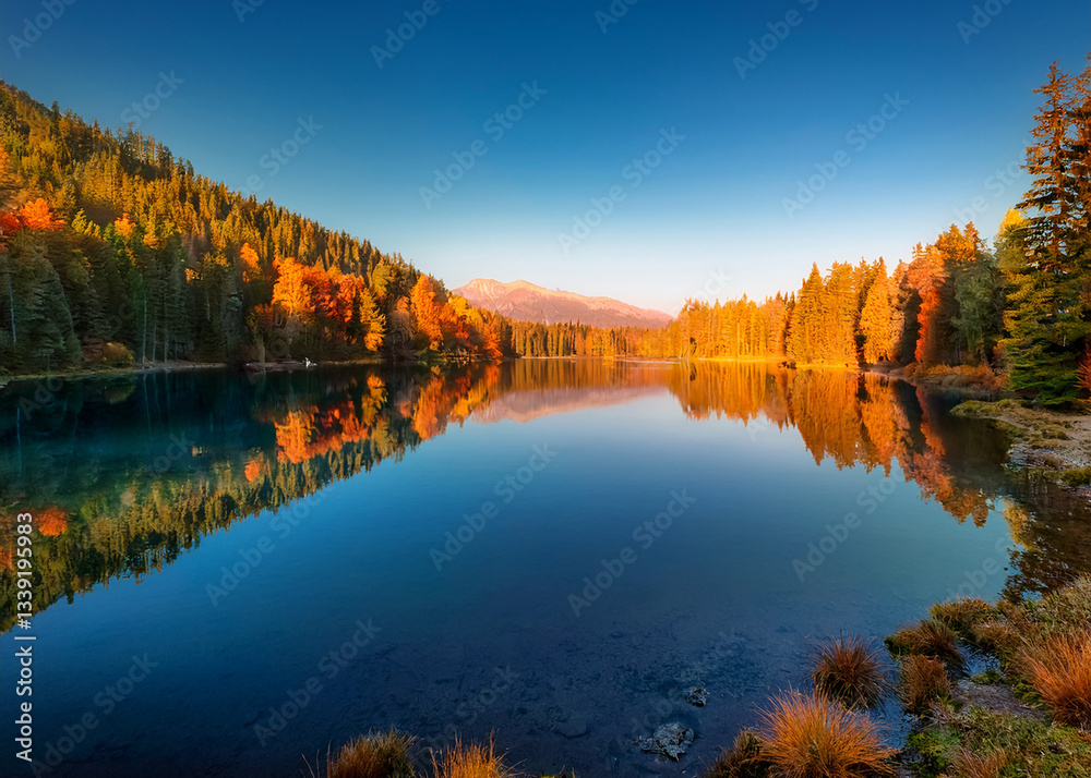 Fototapeta premium A serene landscape of a mountain lake surrounded by pine forests, with clear blue skies, soft reflections, and autumn colors.