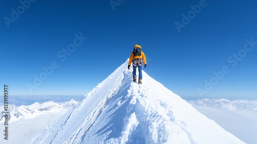 Adventurous climber reaching mountain peak, determined individual in winter gear standing on snow-covered summit, bright blue sky.
