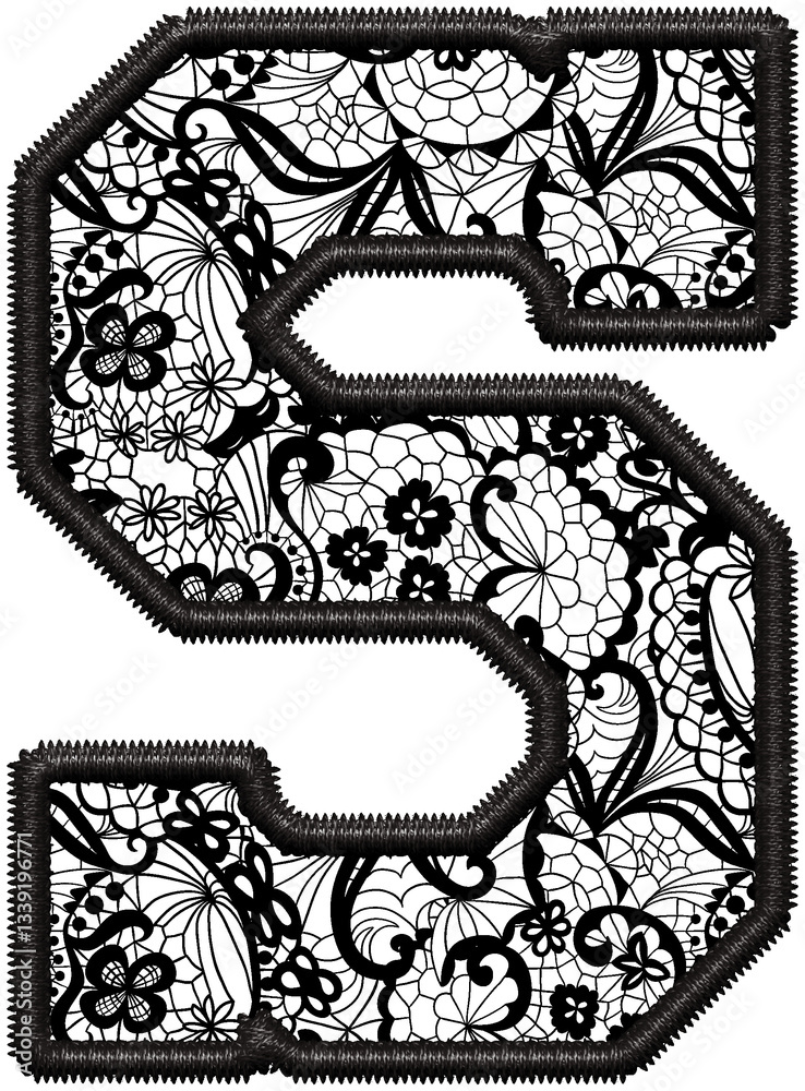 Obraz premium Black Lace Letter S with Faux Embroidery for Wedding Monogram & Home Decor